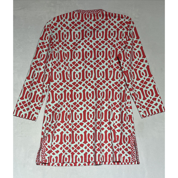 J McLaughlin Catalina Cloth Top Womens Medium 3/4 Sleeve Coral Aqua 1/4 Button - Picture 2 of 12